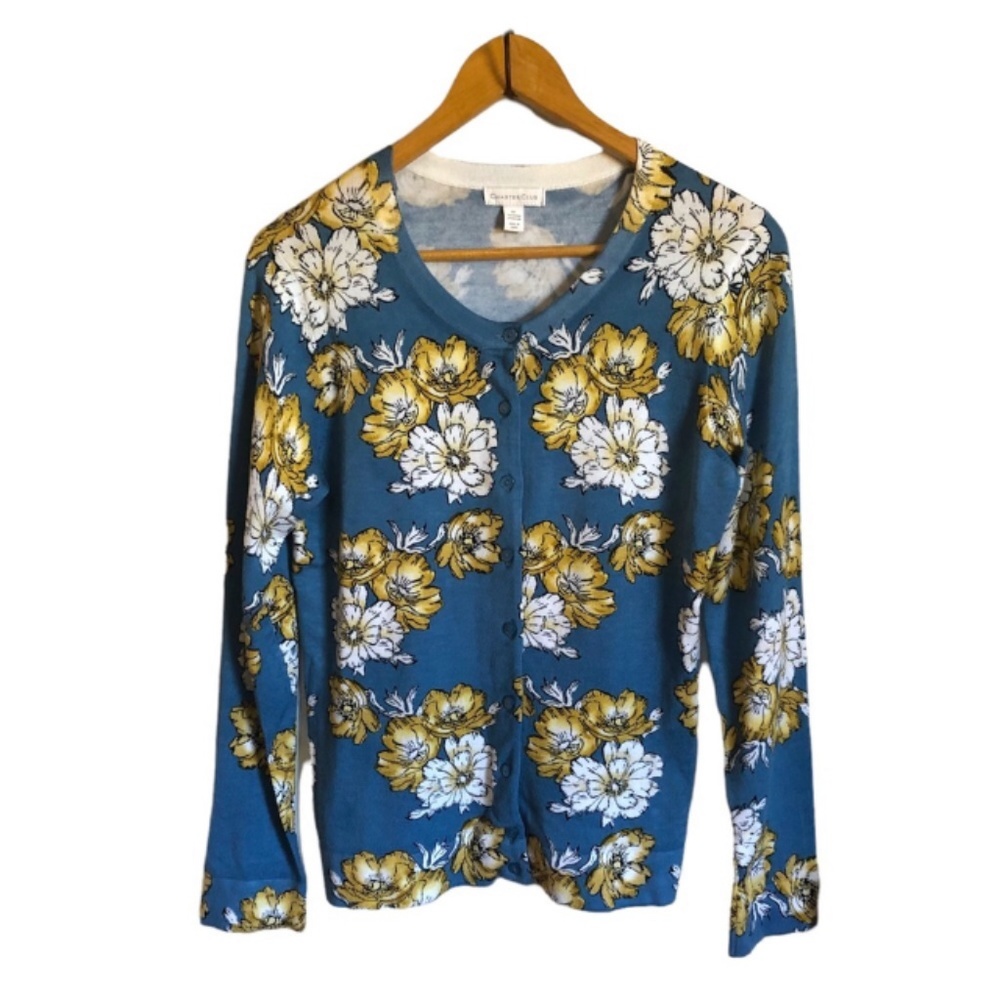 Charter Club Button Up Sweater M Blue Floral Long Sleeves Ribbed Autumn